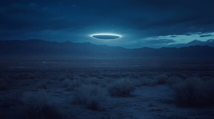 Mysterious hovering object over a desolate landscape at night.