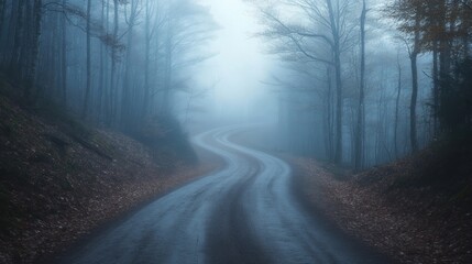 Fototapeta premium Foggy, winding road through a misty woodland.