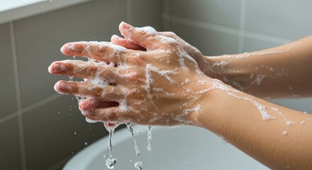 Fototapeta premium Close up of soapy hands being washed with water over a sink in a bathroom setting for hygiene purposes