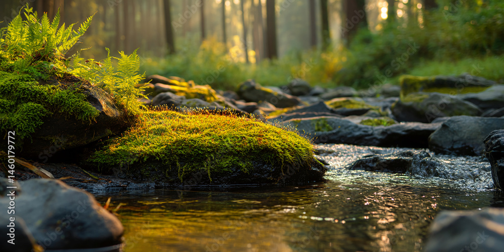 Poster moss-covered rocks beside a stream, illuminated by sunlight filtering through a forest, showcasing n