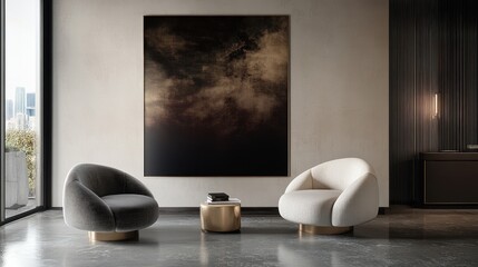 Modern, minimalist living room interior with abstract art.