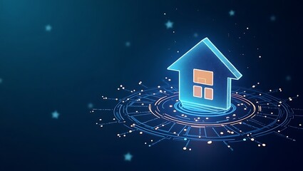Futuristic smart home concept with glowing digital house and circuit board