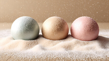 Pastel Christmas Ornaments on Snowy Surface Festive Holiday Decoration