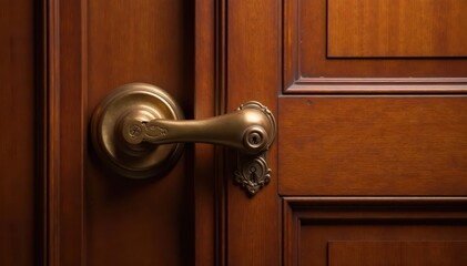 Obraz premium Elegant brass door handle and latch on rich veneer door , texture, hardware, brass