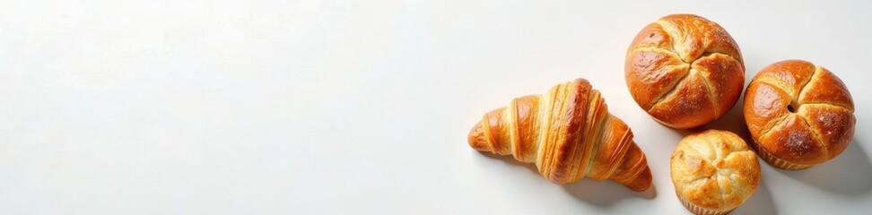 Golden-brown croissants & muffins on pristine white plaster , brunch, croissants, image