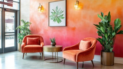 Obraz premium Modern waiting area with vibrant ombre wall decor.