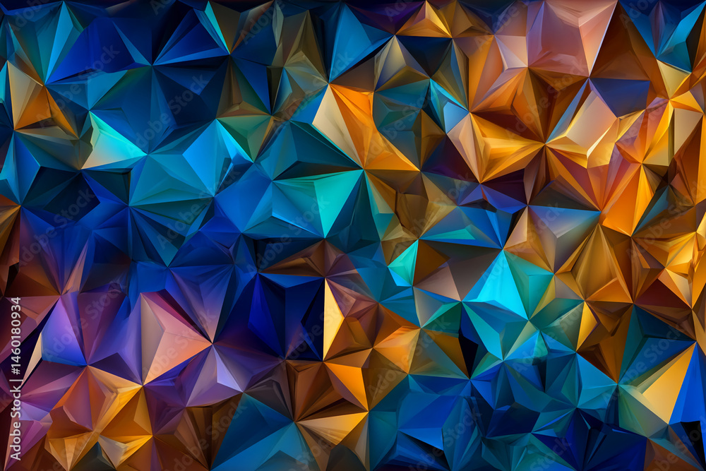 Poster abstract background of blue, gold, and purple triangular shapes creating a low-poly textured surface