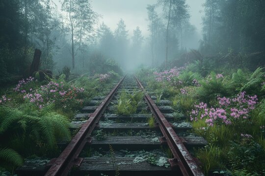Overgrown railway tracks vanish into a misty forest, a scene of serene abandonment.