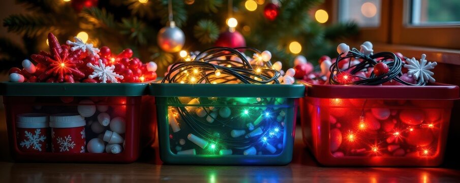Organized holiday lights neatly stored in labeled containers with festive holiday backdrop , Christmas decor, holiday organization system, holiday spirit