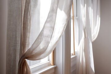 Sunlight streams through sheer white curtains in a cozy home interior.