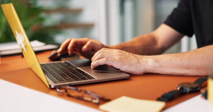Journalist, hands and typing with laptop for copywriting, research or journalism at office desk. Closeup, person or business employee with computer for report, email or online article at workplace