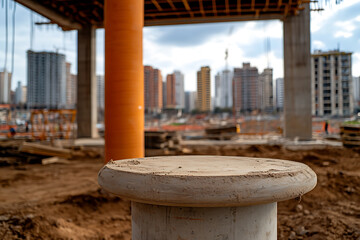 Urban Construction: Concrete form in foreground, construction site with building framework and city skyline in the background. Earthy tones and a cloudy sky.