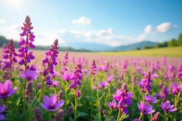 Fototapeta premium Vibrant purple & pink wildflowers blanket a field, sunny sky , photography, outdoor