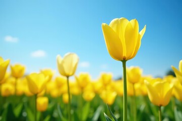 Obraz premium Vibrant yellow tulips in a Dutch field under a bright blue sky , summer, scenic, outdoor