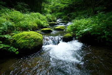 Obraz premium Forest Stream Flowing Over Rocks