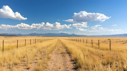 Open Countryside Dirt Road Through Golden Meadow Under Sunny Sky