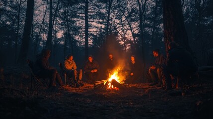 Group gathered around a campfire in a dark forest.