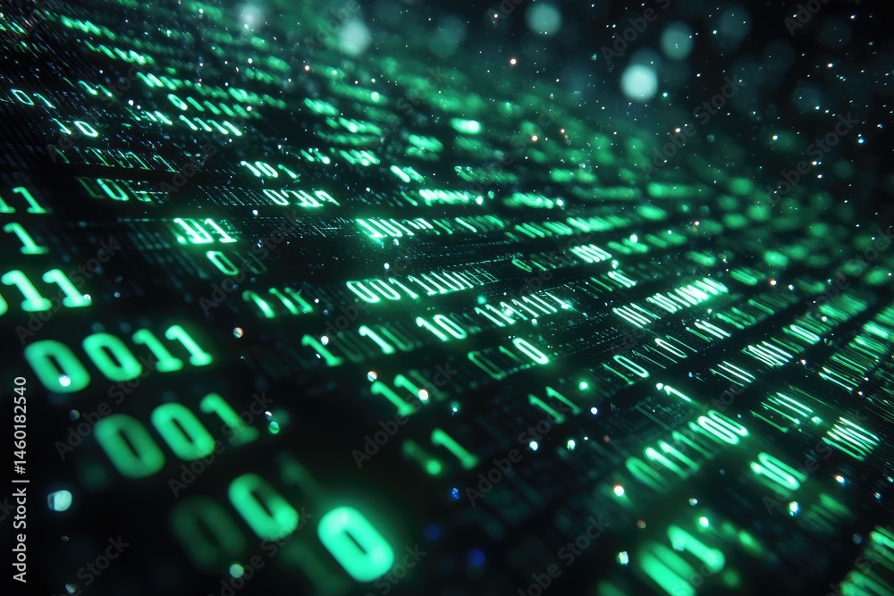 Poster digital binary code pattern with glowing green digits.