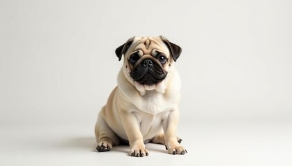 Obraz premium A lone pug, perfectly centered against a pure white backdrop, dog breeds, white, happy