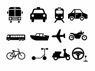 Collection of transportation icons isolated on white background. car, train, airplane, motorcycle, bus icon on white background.