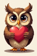 Brown owl with oversized heart, loving expression, night, heart