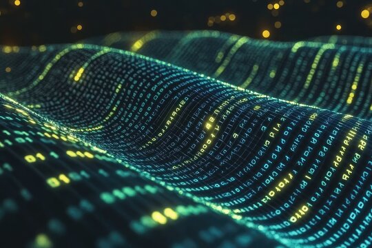 Abstract digital wave pattern of glowing binary code.