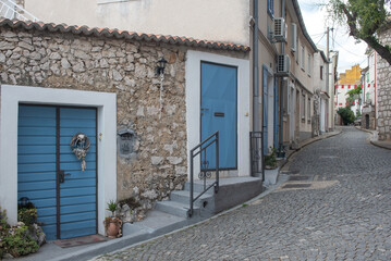 Quaint Stone Street with Blue Doors