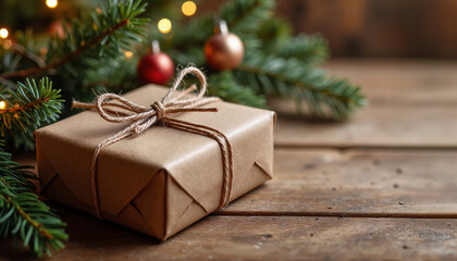 Joyful anticipation fills the air with beautifully wrapped gift resting among pine branches during festive holiday season