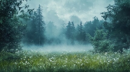 Fototapeta premium Misty, tranquil forest glade filled with wildflowers.
