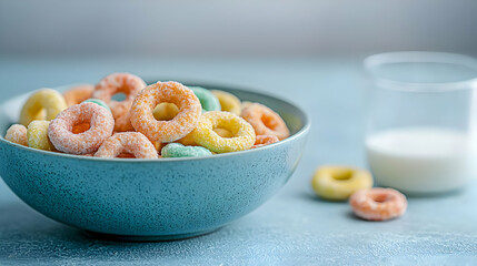 Colorful Ring Shaped Cereal In A Blue Bowl