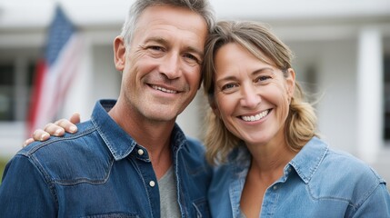 Smiling mature couple standing together outdoors with American flag in background, ideal for family, patriotism, and USA-themed advertising