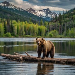 Grizzly bear on log, serene mountain river