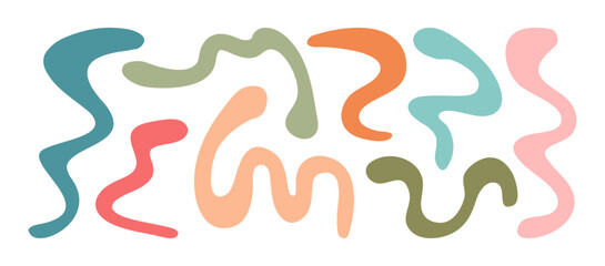 Shape organic, funky line wavy, liquid blob, curve doodle element, abstract bold paint scribble, pastel fluid form, groovy kid bubble isolated on white bg. Fun stripes hand draw. Vector illustration