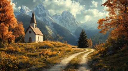 Scenic Autumn Landscape Church in Majestic Mountains Peaceful Fall Nature Scene Tranquil Alpine Village Church Picturesque Rural Chapel Breathtaking Mountain View Serene Autumnal Scenery    