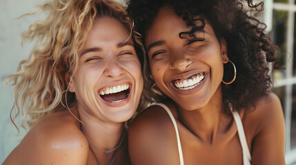 Two women laughing hysterically together with curly hair and hoop earrings close up portrait shot outside