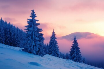 Naklejka premium Snowy mountain peaks at dawn