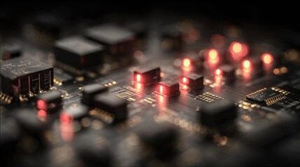 Obraz premium Abstract Close-up of Illuminated Circuit Board with Red LEDs and Microchips
