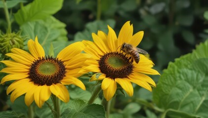 Obraz premium A honeybee rests on a vibrant sunflower petal amidst lush green foliage , spring, rural, petal