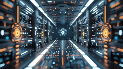Fototapeta premium Futuristic server room corridor with glowing elements and digital panels
