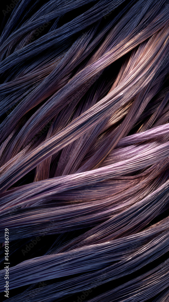 Poster Intricate texture of dark purple and mauve strands, interwoven in a flowing pattern, showcasing depth and subtle light play, ideal for abstract design