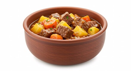 Hearty Beef Stew Served In A Rustic Brown Ceramic Bowl On A Clean White Background