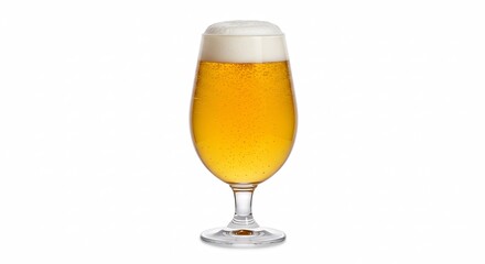 Full Glass Of Amber Beer With Frothy White Foam Isolated On White Background