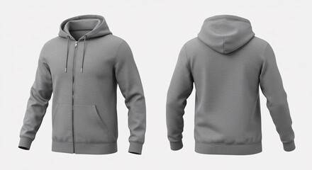 Front and Back View of Gray Hoodie Isolated on White Displaying Apparel Design