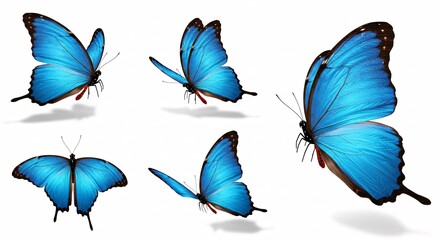 Obraz premium Five Bright Blue Butterflies In Flight Against White Background Showing Wing Details and Shadows