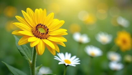 One bright yellow sunflower among white daisies, isolated, different