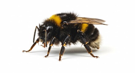 Close Up Of A Bumblebee With Yellow And Black Stripes Against White Background Showing Insect Texture