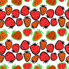 Juicy strawberries and watermelon in a cartoon style, large berries on a white background, a seamless pattern.