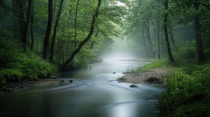 Obraz premium Misty, tranquil stream flowing through lush forest.