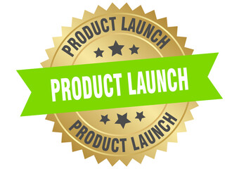 product launch. product launch round green and gold label isolated on transparent background