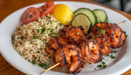 Fototapeta premium Grilled shrimp skewers with rice and vegetables